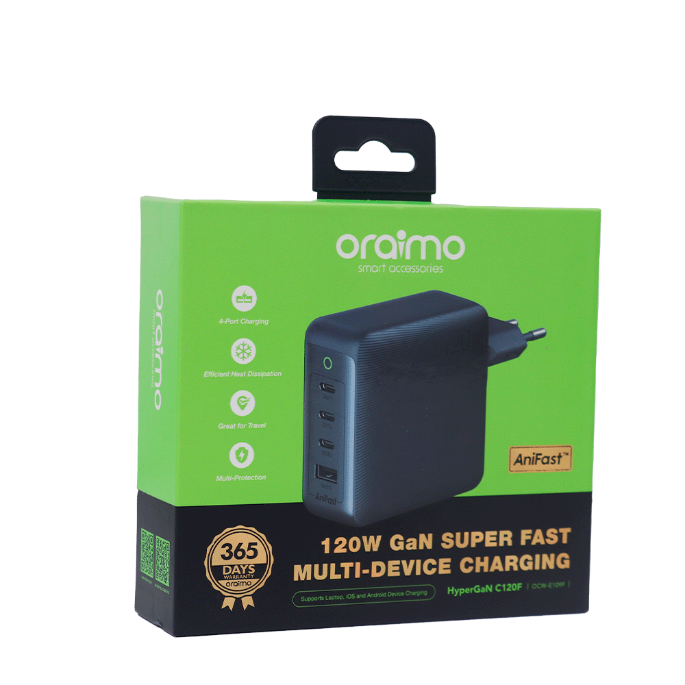 رأس شاحن من أورايمو بقوة 120 وات متعدد المنافذ موديل OCW-E109F - أسود