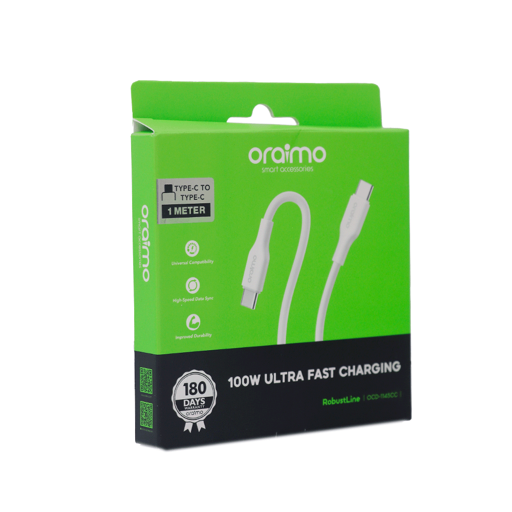 كابل شحن أورايمو سريع من تايب سي إلى تايب سي و طول 1 متر وقوة 100 وات موديل OCD-1145CC - أبيض
