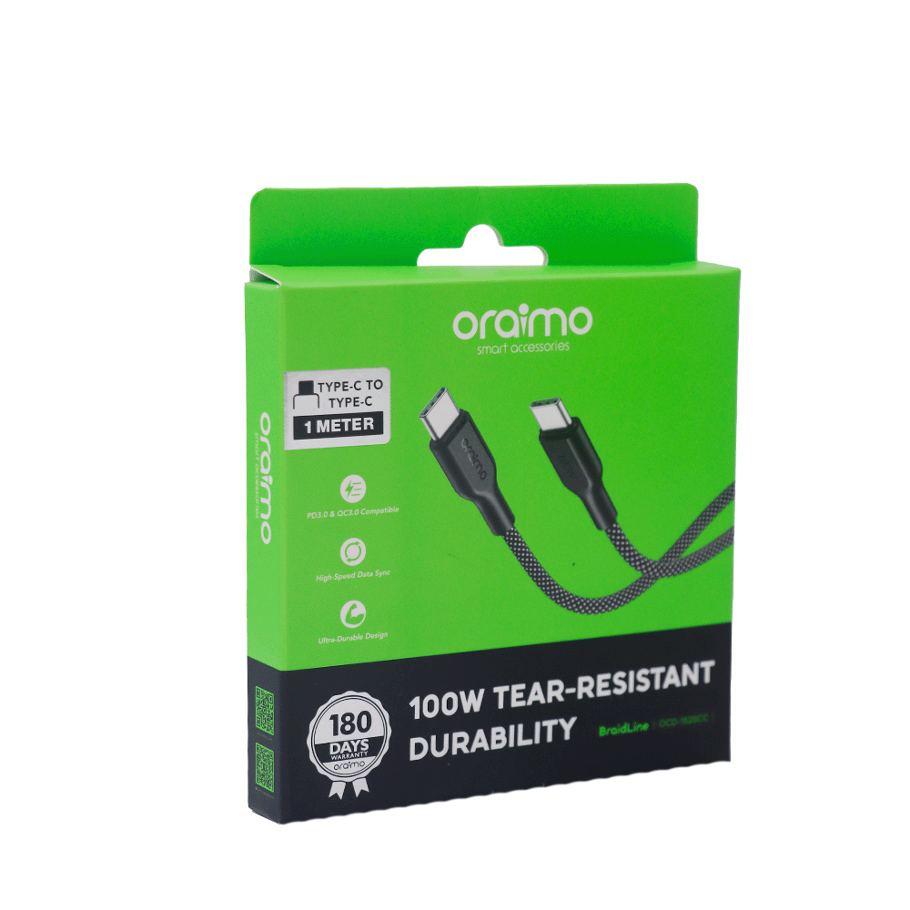 كابل شحن سريع من أورايمو تايب سي إلى تايب سي بقوة 100 وات وجهد 5 فولت و طول 1 متر موديل OCD-1525CL - أسود
