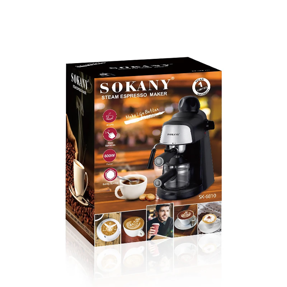 سوكاني ماكينة تحضير القهوة الاسبريسو بقوة 800 وات وسعة 240 مل موديل SK-6810-أسود