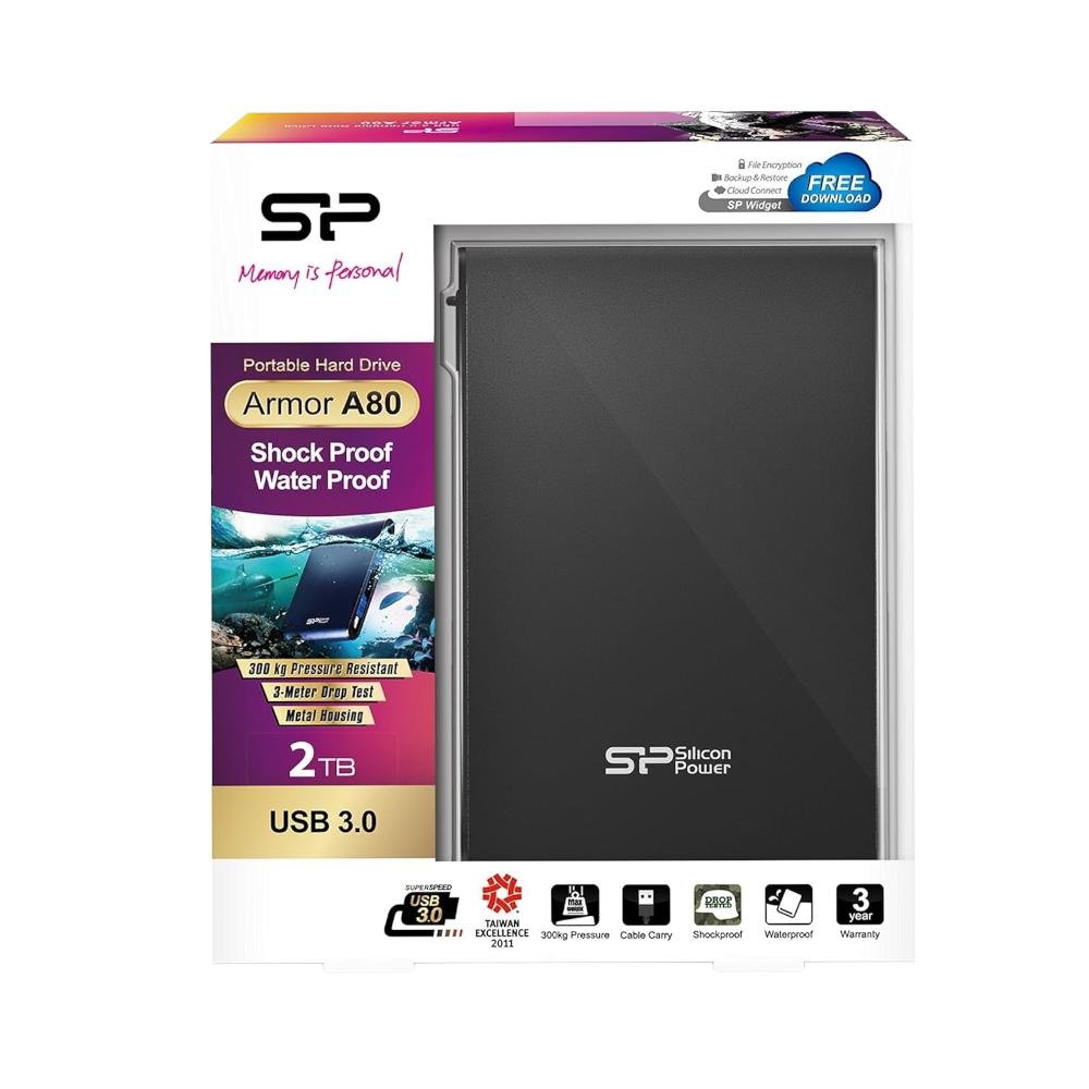 سيلكون باور هارديسك خارجي HDD بسعة 2TB وبمتوسط سرعة 150MP/S موديل SP ARMOR A80 - أسود