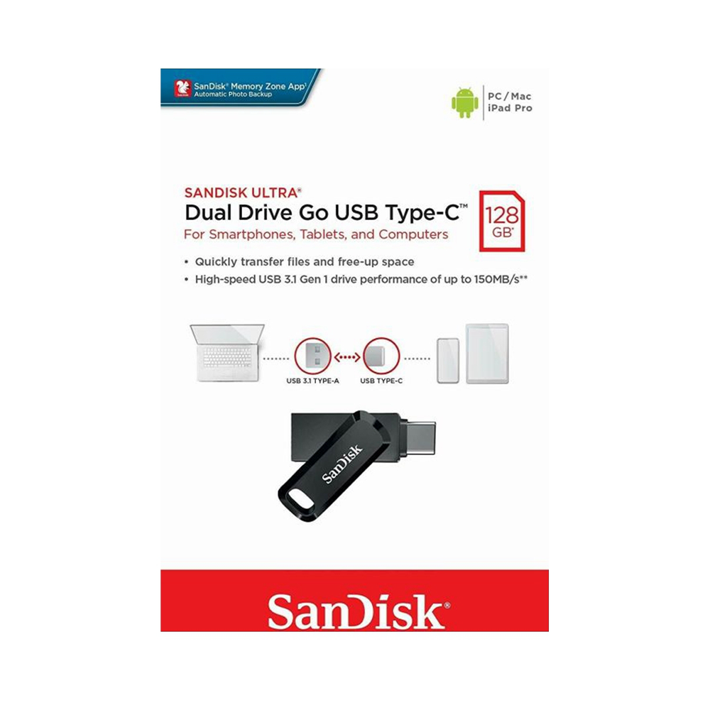 سانديسك فلاش الترا بمشغلين بمنفذ USB و USB-Cسعة 128 جيجا بايت