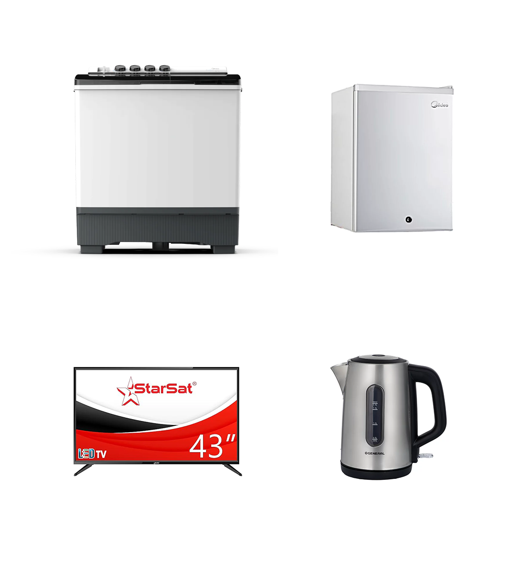 باكج ميديا ثلاجة مكتبية سعة 67 لتر +ميديا غسالة كهربائية سعة 7 كجم موديل +جنرال غلاية ماء كهربائية سعة 1.7 لتر + ستار سات تلفزيون سمارت 43 بوصة
