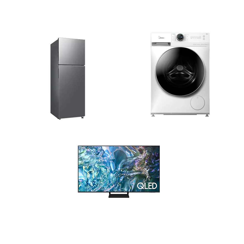 باكج سامسونج تلفزيون سمارت 55 بوصة موديل 55Q60D + سامسونج ثلاجة سعة 345 لتر موديل RT-45CG5404S9 + ميديا غسالة ملابس أوتوماتيك فتحة امامية سعة 10 كجم موديل MF200W100WB