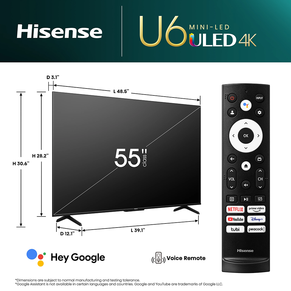هايسنس تلفزيون ذكي 4k ULED مقاس 55 بوصة قوة 170 وات موديل 55U6K - أسود