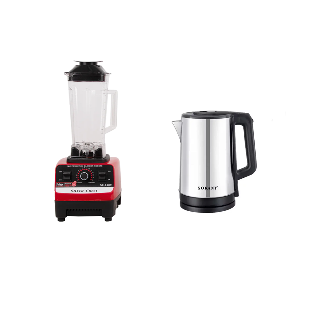 عرض سوكاني غلاية كهربائية بسعة 3 لتر وقوة 1500 وات موديل sksh-1060 + سيلفر كريست عصارة كهربائية 2 في 1 بسعة 2 لتر وقوة 4500 وات موديل SC-1589