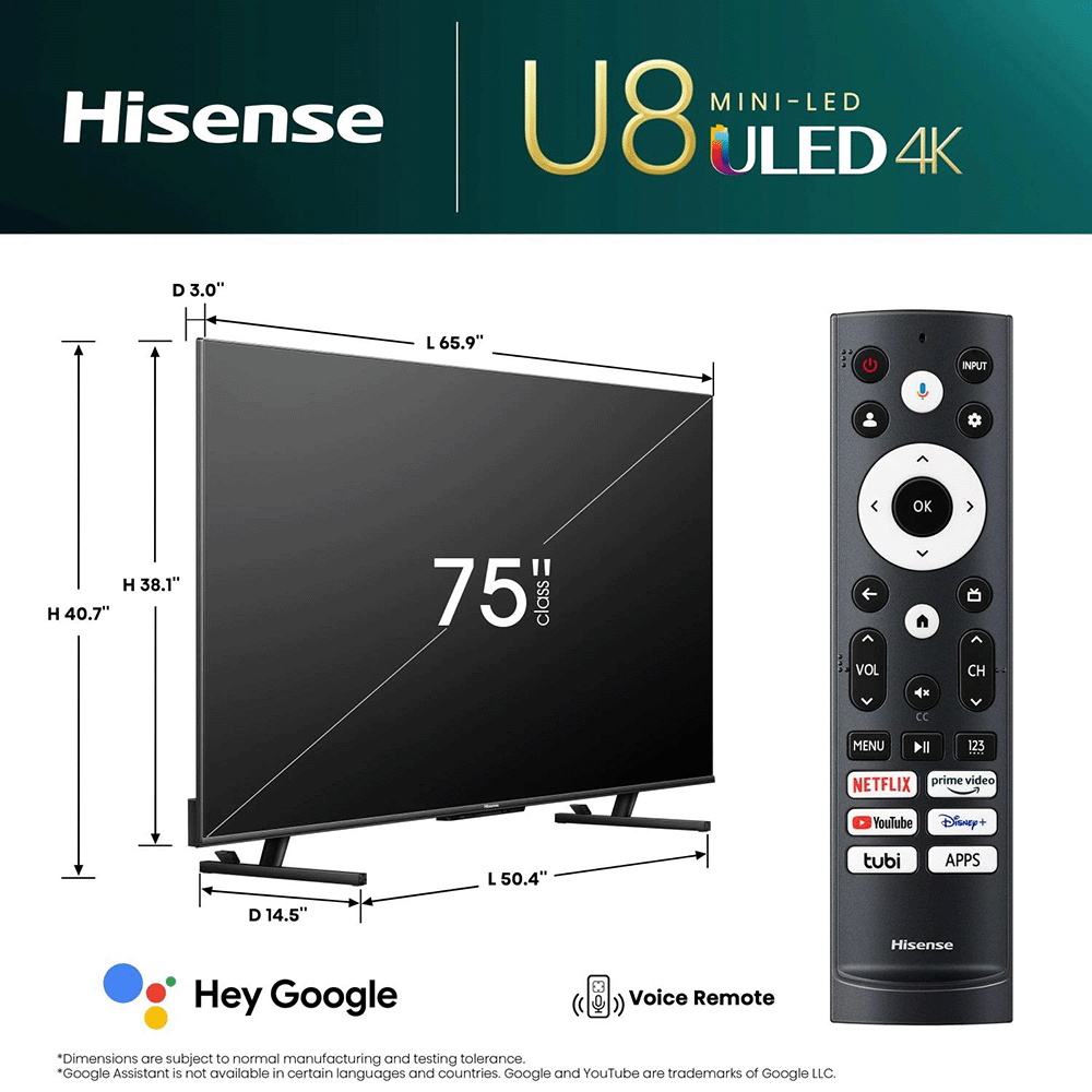 هايسنس تلفزيون جوجل مقاس 75 بوصة دقة 4K قوة 330 وات موديل 75U8 - أسود