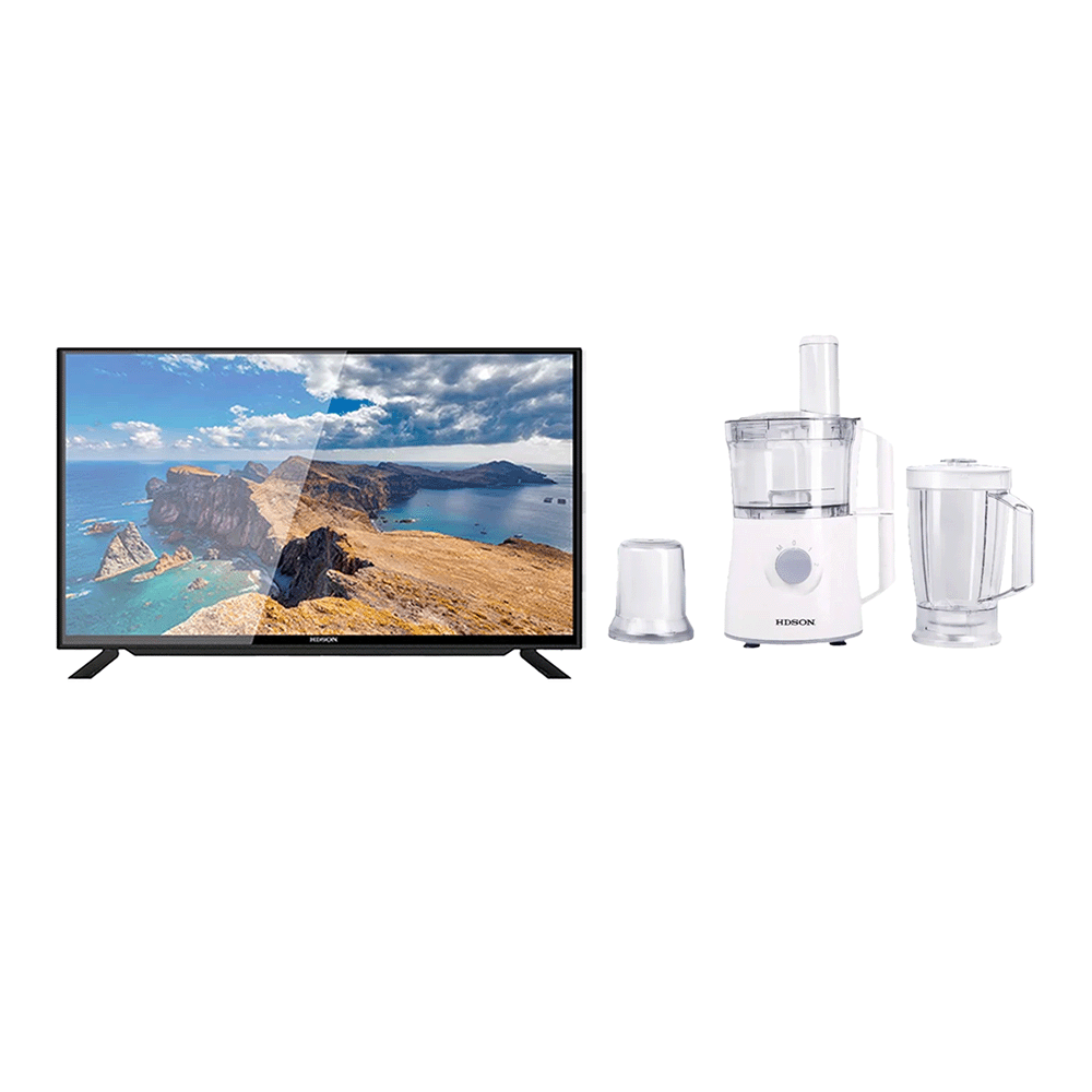 هيدسون تلفزيون سمارت ضد الكسر مقاس 43 بوصة قوة 45 وات موديل HLD-P43FSW-8G + هدسون محضرة طعام بقوة 400 وات 3 قطع موديل HFP-807