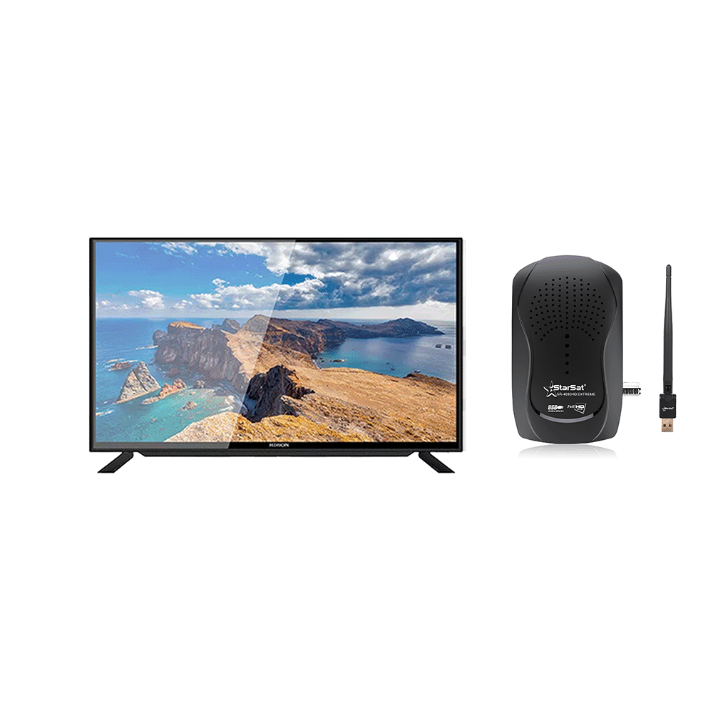 هيدسون تلفزيون سمارت ضد الكسر مقاس 43 بوصة قوة 45 وات موديل HLD-P43FSW-8G + سيفر ستار سات موديل SR-4080HD