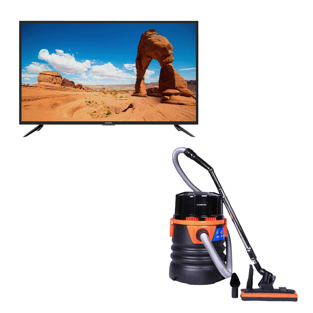 هيدسون تلفزيون سمارت ضد الكسر مقاس 50 بوصة قوة 65 وات موديل HLD-P50UHS-8G + هدسون مكنسة كهربائية رطبة / جافة بقوة 1800 وات وسعة 18 لتر موديلHVC-P3695WD