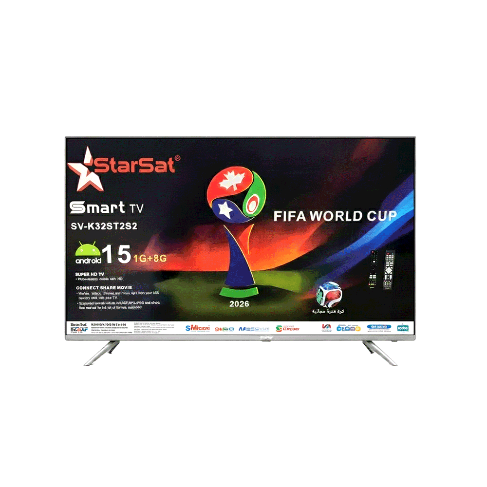   ستار سات تلفزيون سمارت اندرويد 15 بقوة 48 وات وحجم 32 بوصه مع هدية كرة مجانية وقاعدة شاشة 2026 