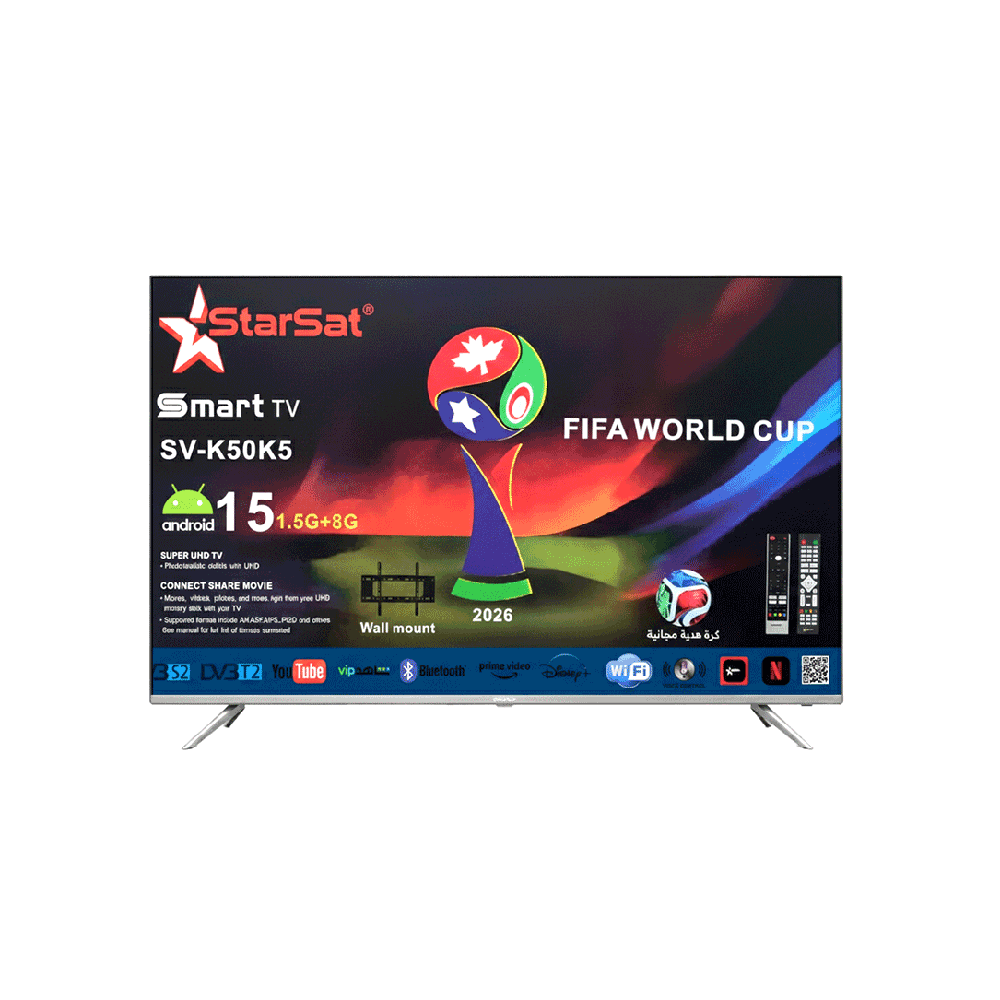  ستار سات  تلفزيون سمارت اندرويد 15 بقوة 80 وات حجم 50 بوصة مع هدية كرة مجانية وقاعدة شاشة 2026