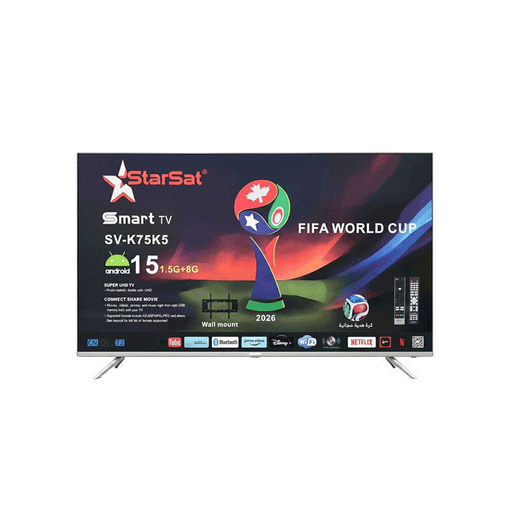 ستار سات تلفزيون LED ذكي اندرويد 15 بتقنية 4K أندرويد 15 حجم 75 بوصة مع هدية كرة مجانية وقاعدة شاشة 2026