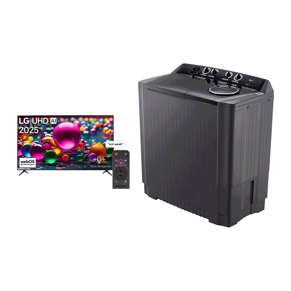 باكج غسالة ملابس إل جي نصف اوتوماتيكية بحوضين سعة 13 كجم قوة 390 وات موديل 1461 + تلفزيون إل جي سمارت مقاس 55 بوصة قوة 85 موديل 55UA85006LA إصدار 2025- اسود