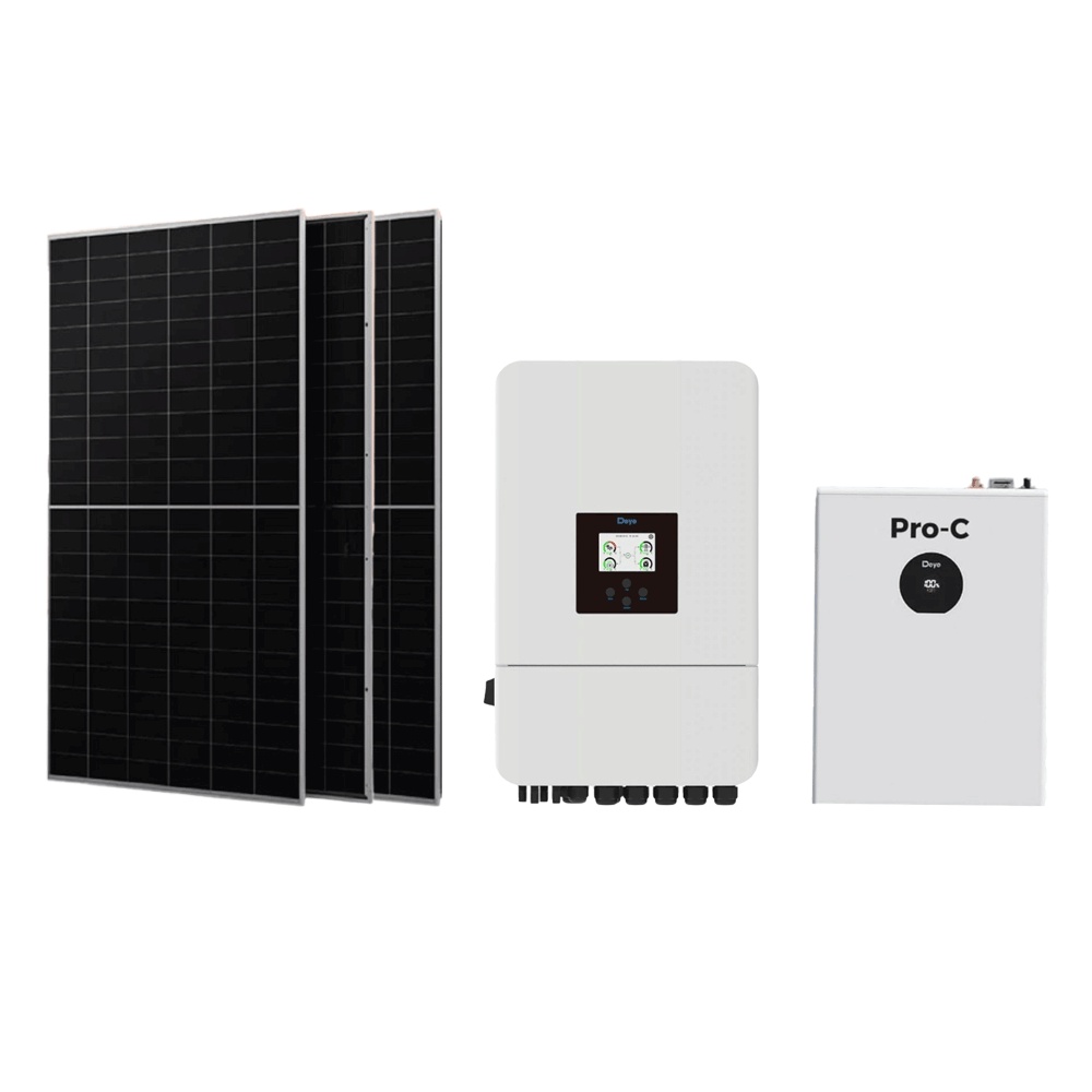 باكج ثلاثة الواح طاقة شمسية ايكو مقاومة للظل وجهين قوة 650 وات + بطارية ليثيوم دايا بروسي 5 كيلو 6000 دورة عند تفريغ 90% + جهاز انفرتر دايا هايبرد 6 كيلو - ابيض
