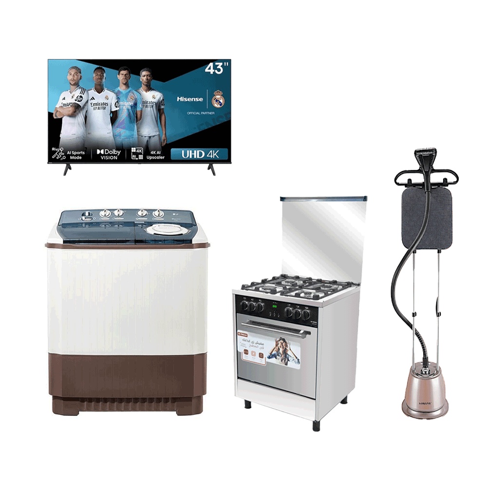 باكج تلفزيون هايسنس سمارت4K قياس 43 بوصة قوة 70 وات + غسالة ملابس إل جي نص اوتوماتيكية بحوضين سعة 13 كجم قوة 390 وات +طباخة غاز فريش استيل ب 4 شعلات وشاشة تحكم  + كاوية بخار سوكاني عمودية بقوة 2000 وات وسعة 2.2 لتر 