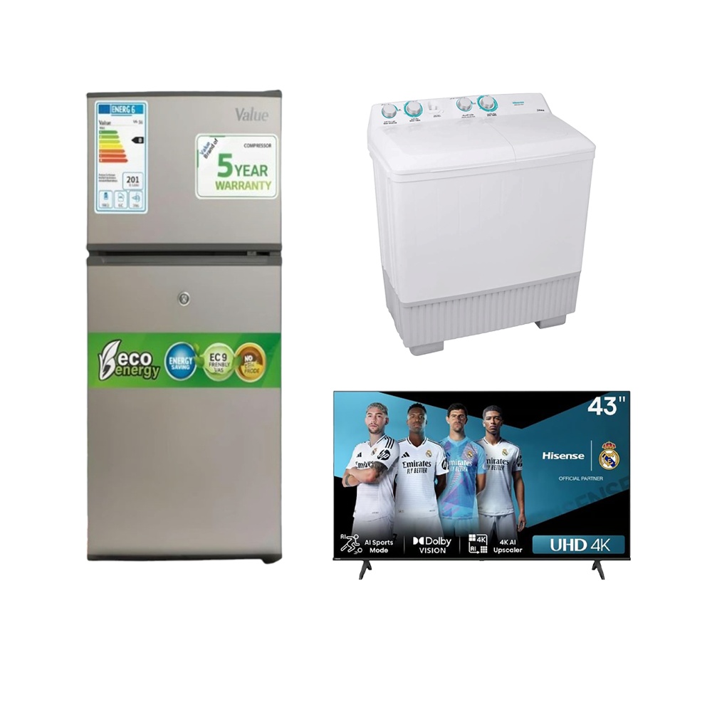 باكج غسالة ملابس هايسنس حوضين 10 كجم وقوة 640 وات موديل xpb100-sxa14 + تلفزيون هايسنس سمارت4K قياس 43 بوصة وقوة 70 وات موديل A62QS + ثلاجة فاليو بابين بسعة 138 لتر وقوة 40 وات موديل VL138