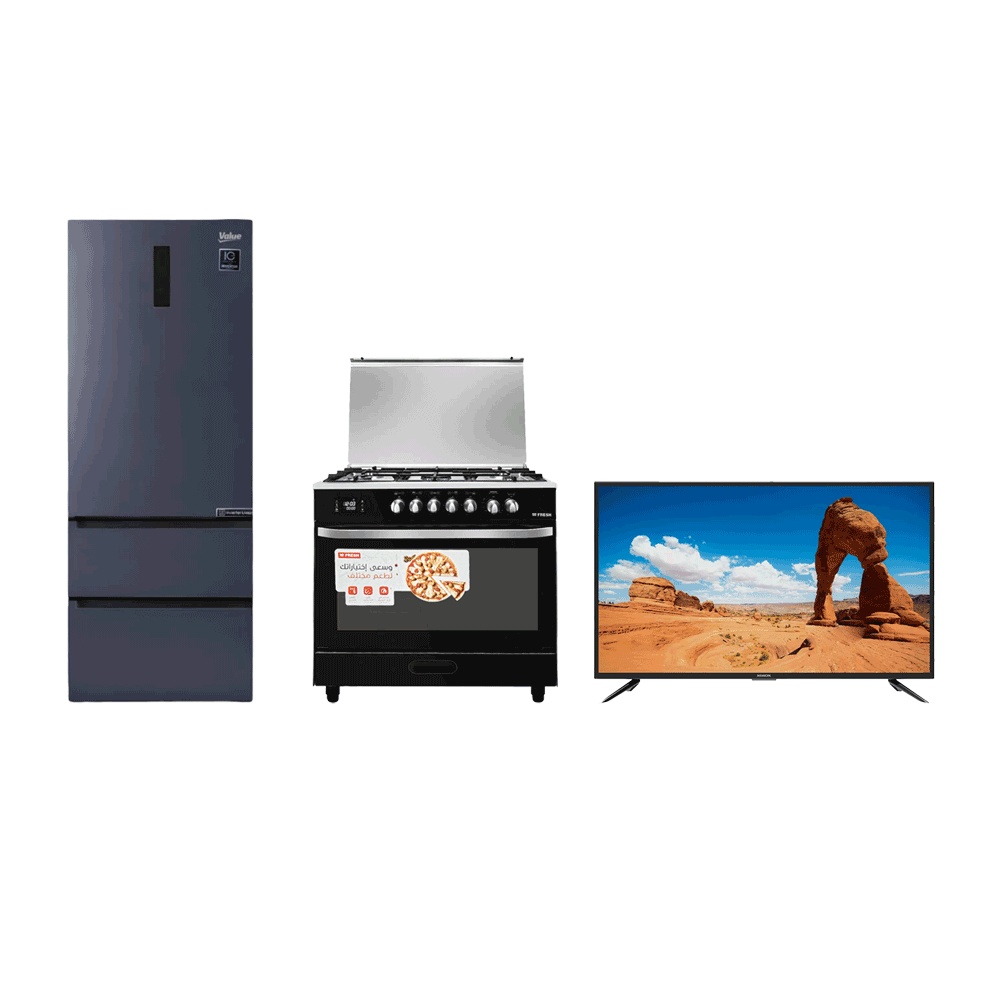 باكج طباخة غاز فريش استيل 5  شعلات وشاشة تحكم رقمية   + ثلاجة فاليو بخار إيطالي سمارت انفرتر لينير سعة 440 لتر بدون اقلاع كهرباء قوة 95 وات + تلفزيون هيدسون سمارت ضد الكسر مقاس 50 بوصة قوة 65 وات 
