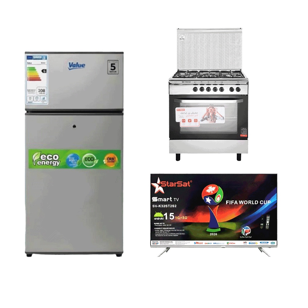 باكج ثلاجة فاليو بابين بسعة 93 لتر وقوة 24 وات موديل VL93 + تلفزيون ستار سات سمارت اندرويد مقاس 15 بوصة وقوة 48 وات وإصدار 2026 + طباخة غاز فريش استيل 5 شعلات موديل 14350 مقاس 80*55 سم