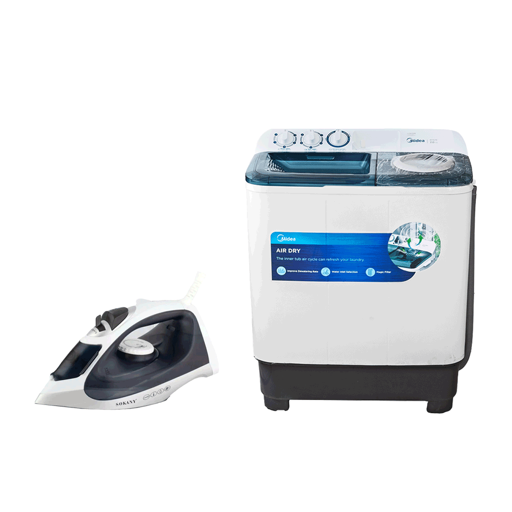 باكج غسالة كهربائية من ميديا حوضين سعة 7 كجم مع مكواة بخارة قوة 2200 وات كهدية مجانية