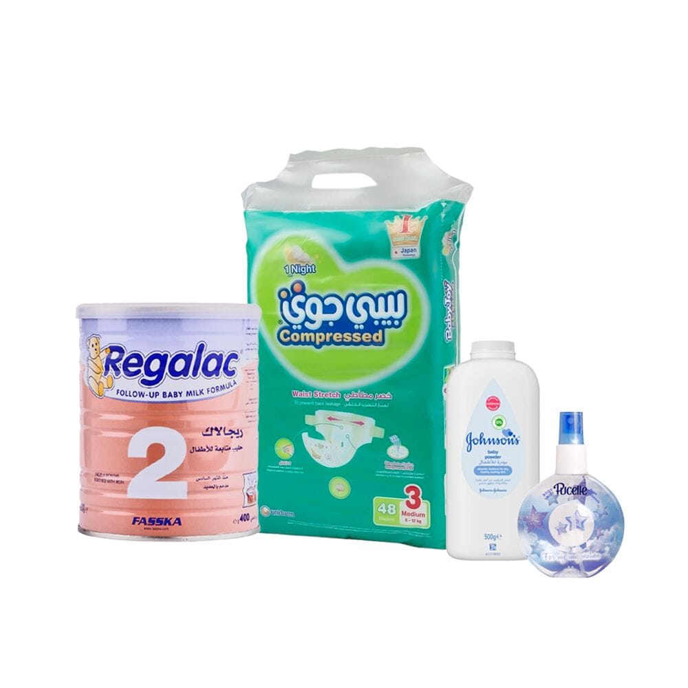 باكج حفاضات بيبي جوي 48 حفاضة + حليب ريجلاك 400 جرام + عطر كولونيا  150 مل + بودرة أطفال - 500 جم
