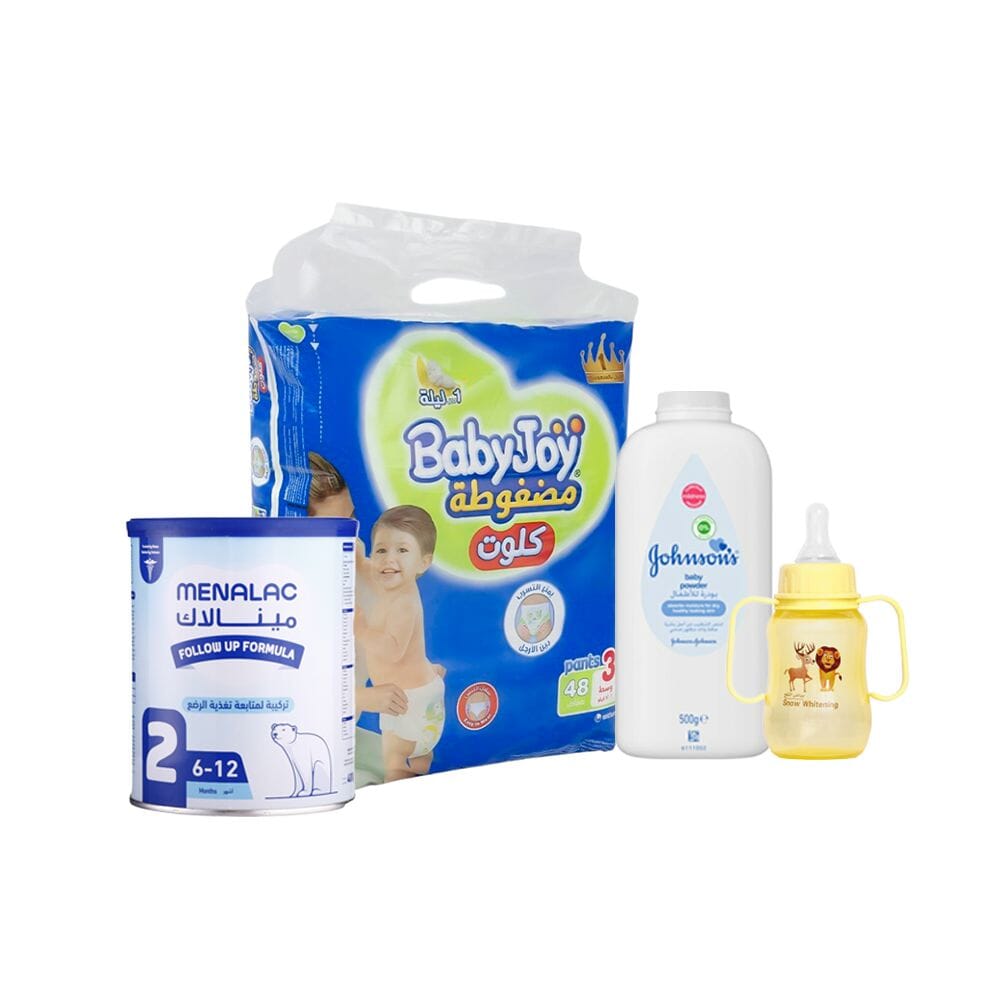 باكج حفاضات بيبي جوي 48 حفاضة + رضاعه 150مل + بودرة أطفال 500 جم + حليب مينالاك 400 جم