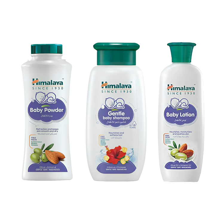 باكج هملايا شامبو أطفال 400 مل + لوشن أطفال 200 مل + بودرة أطفال بزيت الزيتون و زيت اللوز - 200 جم