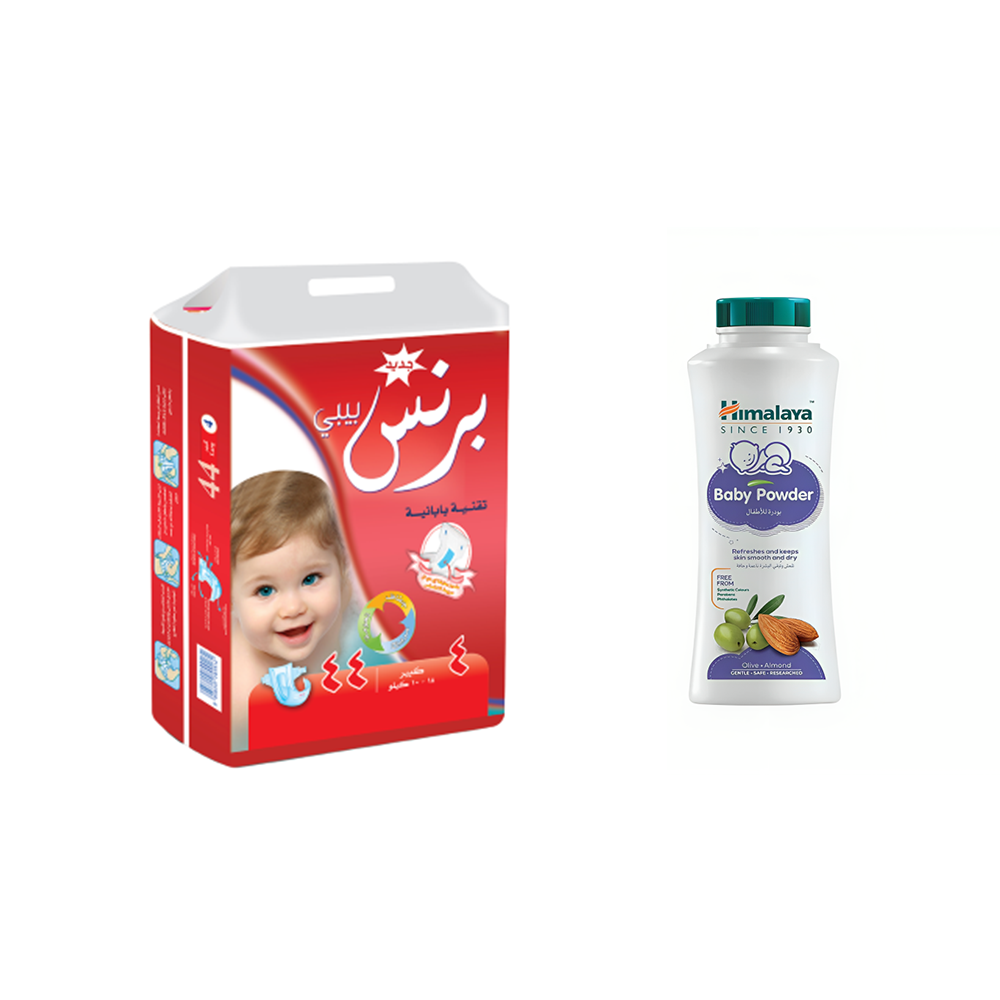 باكج برنس بيبي حفاظات كبير من 10-18 كيلو 44 حبة + هيمالايا بودرة أطفال منعمة للبشرة بزيت الزيتون و زيت اللوز 200 جم