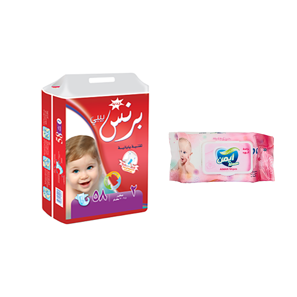 باكج برنس بيبي حفاظات صغير 3،5-7 كيلو 58 حبة + أيمن مناديل مبللة برائحة الورد للأطفال 90 قطعة