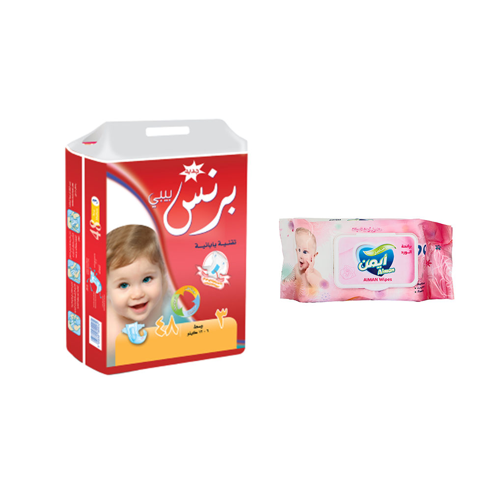 باكج برنس بيبي حفاظات وسط 6-12 كيلو 48 حبة + أيمن مناديل مبللة برائحة الورد للأطفال 90 قطعة