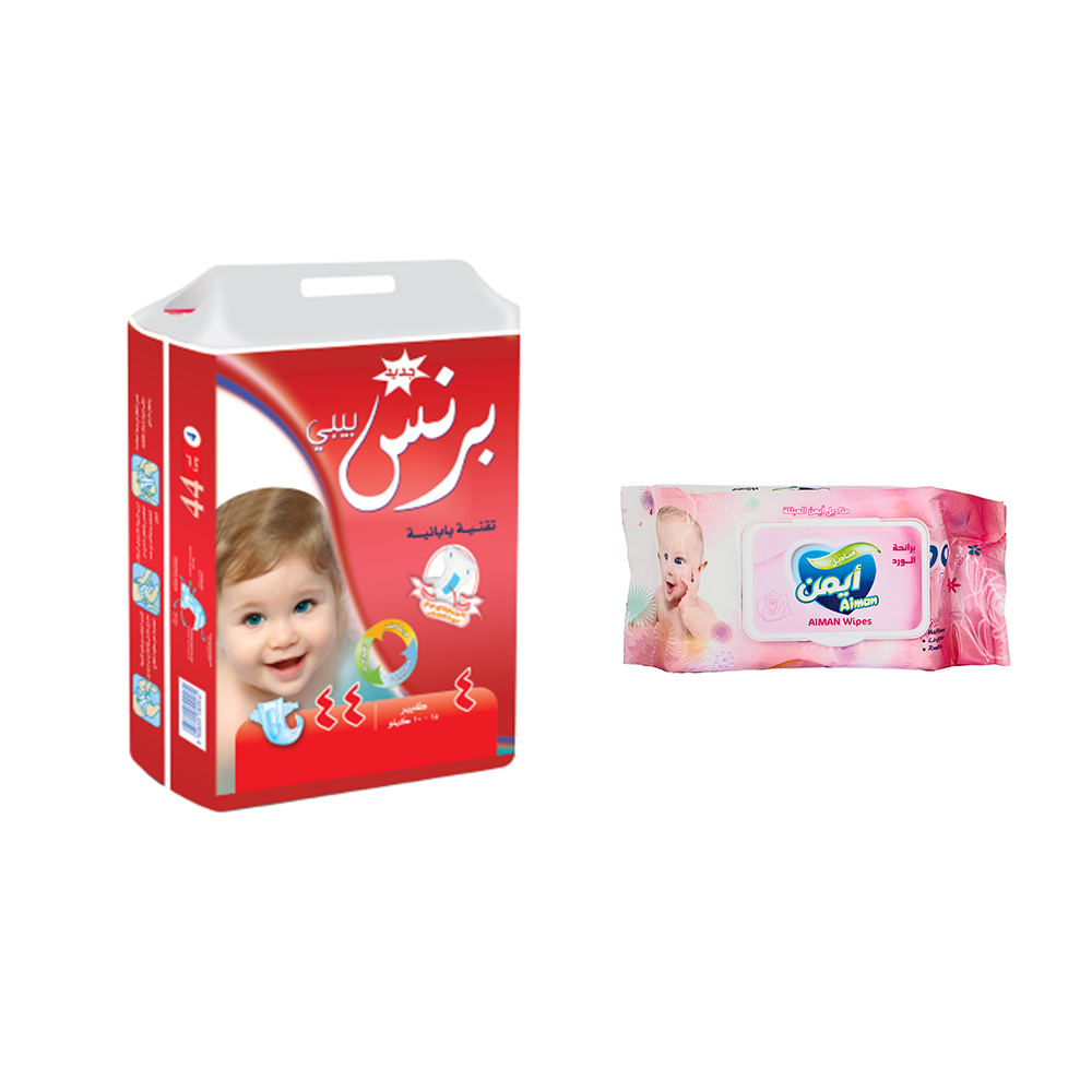 باكج برنس بيبي حفاظات كبير للأطفال 10-18 كيلو 44 حبة + أيمن مناديل مبللة برائحة الورد للأطفال 90 قطعة