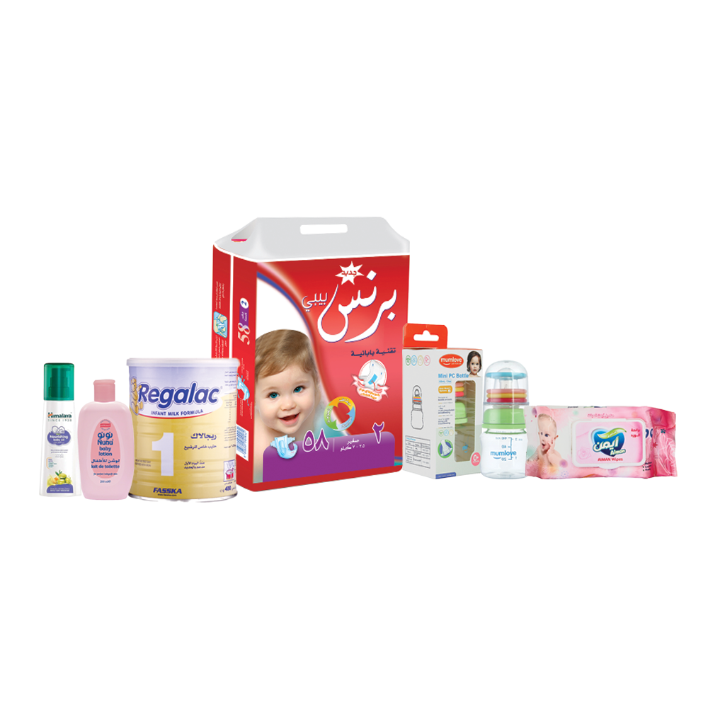 باكج برنس بيبي حفاظات 3،5-7 كيلو 58 حبة + نونو لوشن 200مل + ريجالاك رقم 1 حليب أطفال 400 جم +هيمالايا زيت للأطفال 200مل + أيمن مناديل مبللة برائحة الورد 90 قطعة + مام لوف رضاعة مع رأس خشخشية 60مل