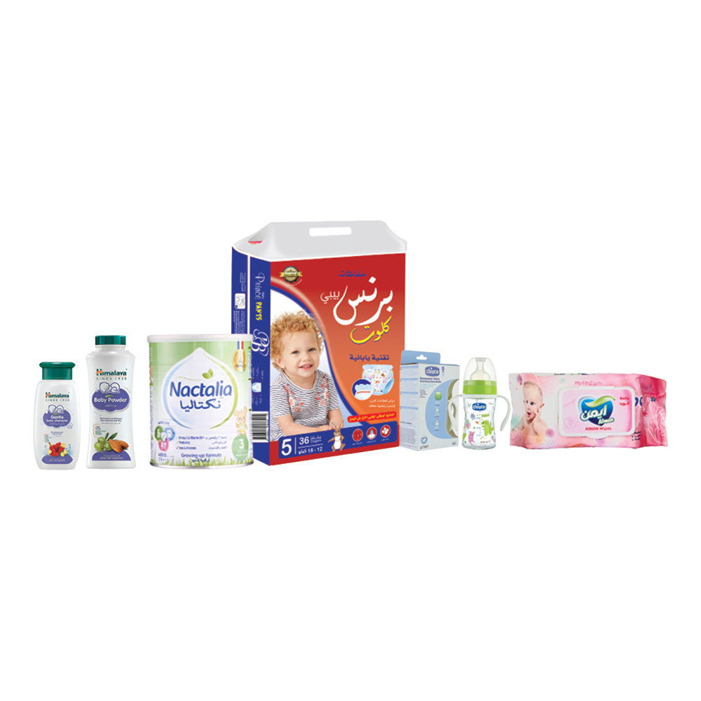 برنس بيبي كلوت حفاظات أطفال رقم5عدد 36 حبة+نكتاليا رقم 3 حليب أطفال 400جم + هيمالايا بودرة أطفال200جم + أيمن مناديل مبللة بالورد90 قطعة+هيمالايا شامبوأطفال 400مل + بيبرون رضاعة زجاجية 150مل