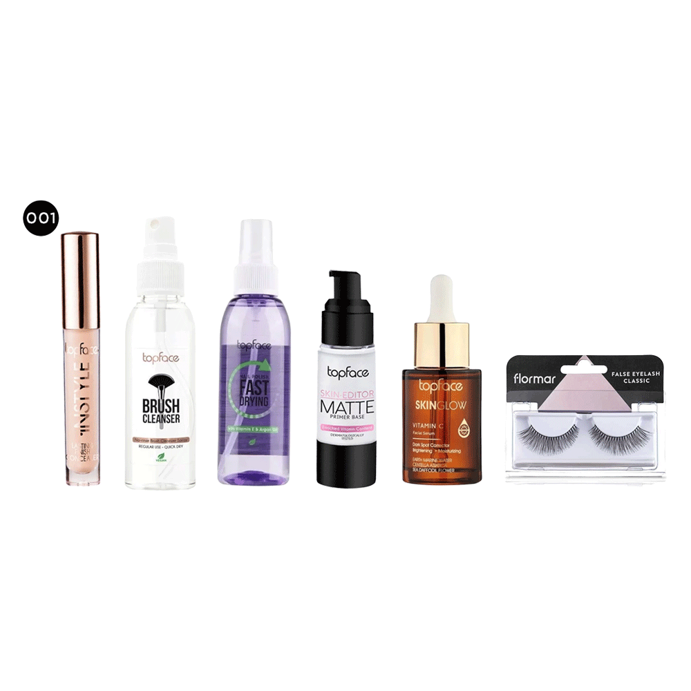 باكج توب فيس منظف فرش مكياج 125 مل + مجفف طلاء أظافر 125 مل + برايمر 31 مل + سيروم 30 مل + رموش فلورمار اصطناعية + كونسيلر خافي عيوب 3.5 مل