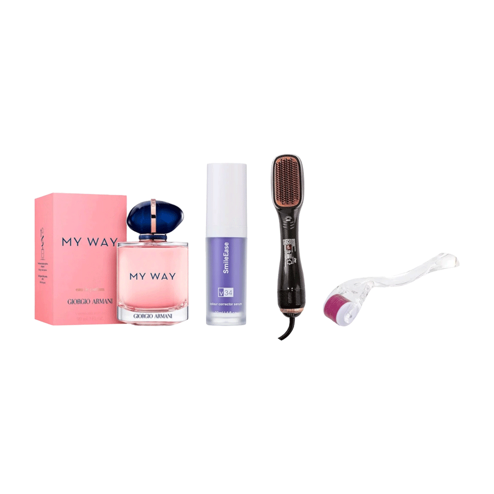 عرض جينيرك مصفف شعر جوي 2 في 1 أسود+ديرمارولر تيتانيوم طبية مقاس 0.5 ملم أبيض + سمايلس معجون أسنان مبيض 30 مل+ أرماني عطر مي واي للنساء 90مل