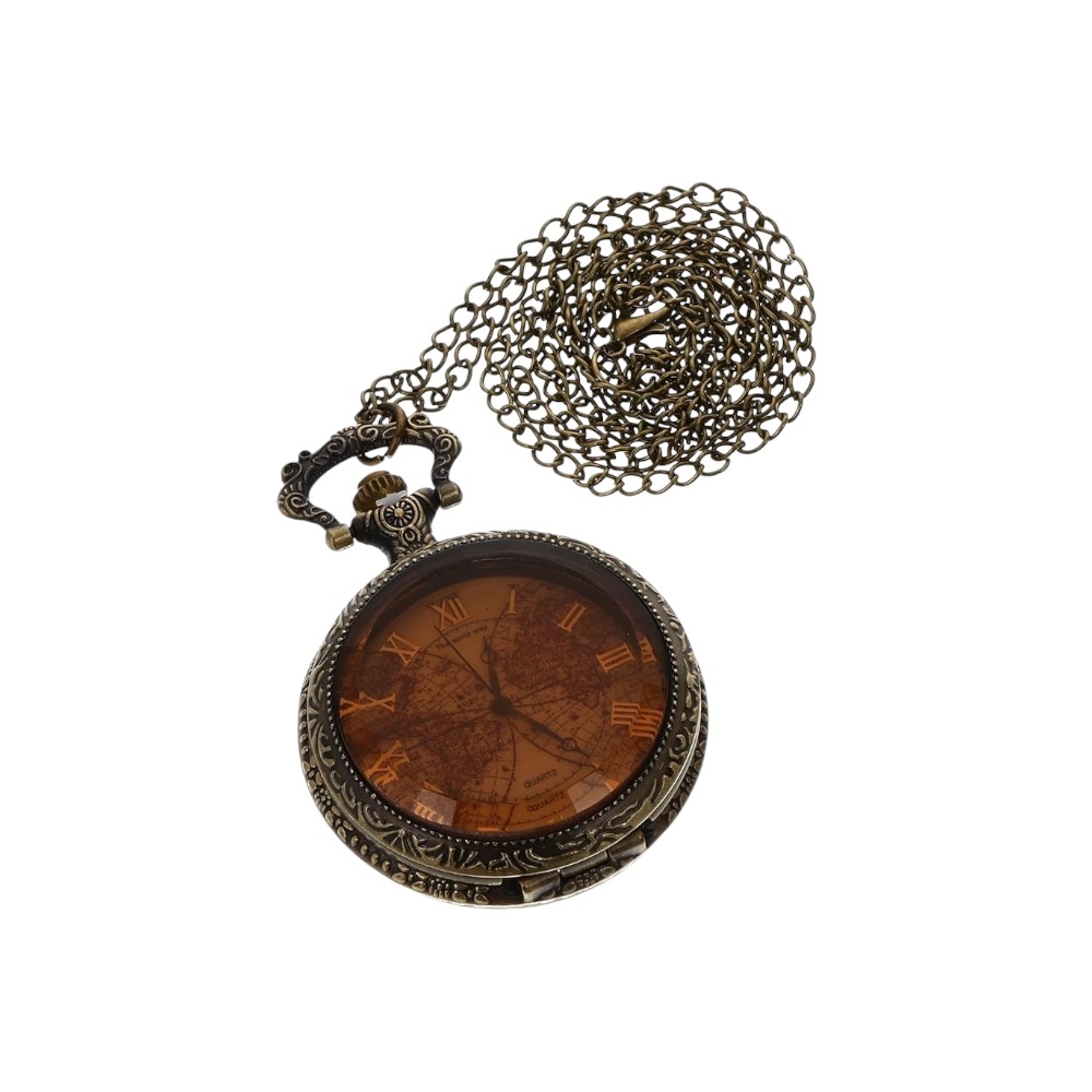 ساعة جيب عتيقة بنقشة خريطة معلقة - بني