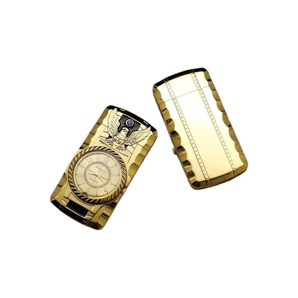 ولاعة نفاثة توربو قابلة لإعادة التعبئة تعمل بالغاز مع ساعة LED ومقبض يد - ذهبي 