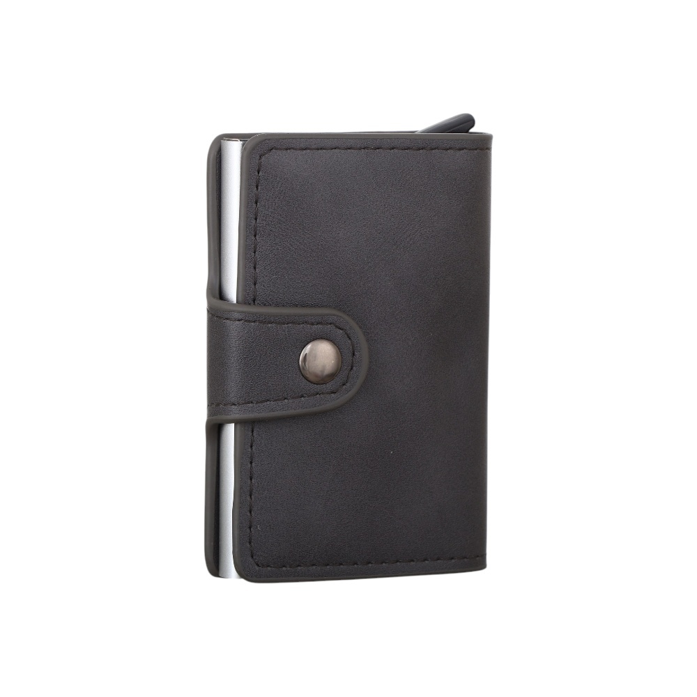 محفظة بطاقات معدنية مع غطاء جلدي وإغلاق كبسولة – رمادي