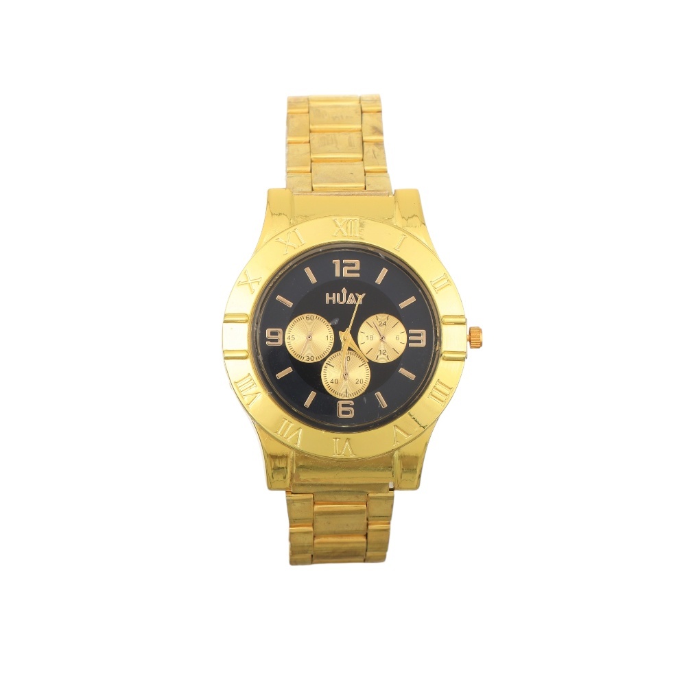 ساعة يد رجالية فاخرة هوايا بسوار معدني وواجهة سوداء – ذهبي