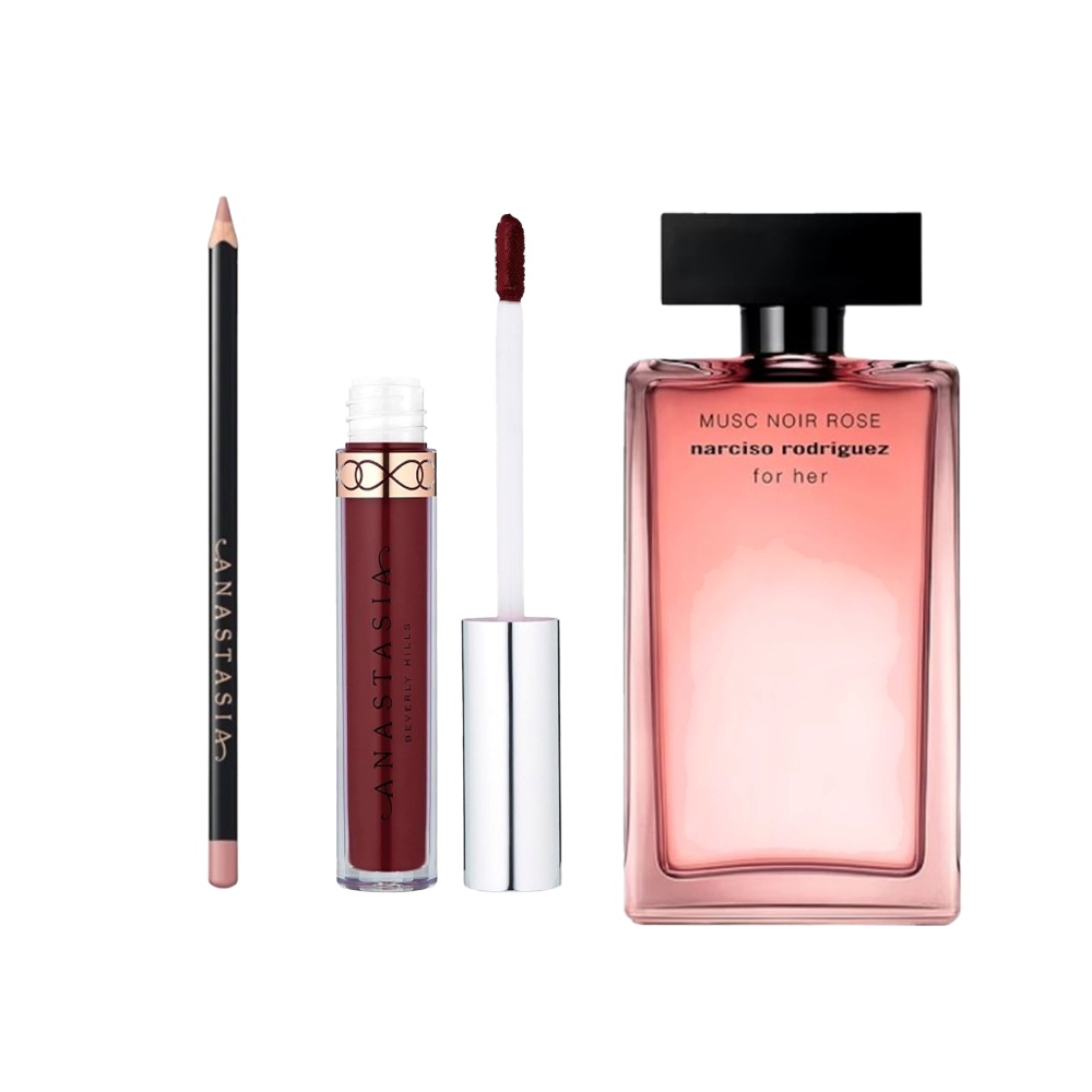 باكج عطر نارسيسو رودريغيز مسك نوار روز الأصلي للنساء 100 مل + أحمر شفاه أنستازيا سائل ترست إيشوس + قلم محدد شفاه  