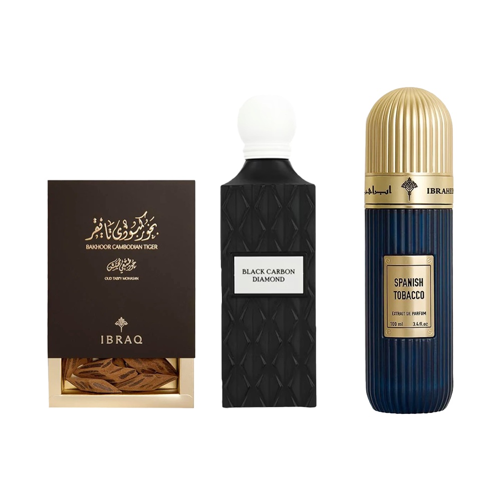  باكج عطور وبخور أصلية عطر التوباكو الإسباني 100 مل + عطر بلاك كربون دايموند 150 مل + بخور إبراهيم القرشي كمبودي تايغر 100 مل