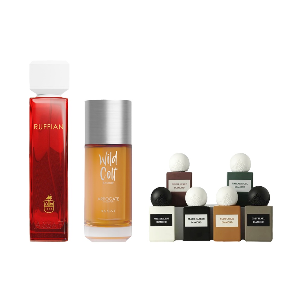 باكج عطور أصلية للجنسين عطر عساف روفان رد 200 مل + عطر عساف بخور وايلد كولت 150 مل + طقم ميني دايموندز إبراهيم القرشي 6 قطع