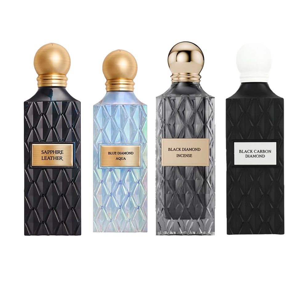 باكج عطور إبراهيم القرشي الأصلية 150 مل للرجال عطر بلاك كربون دايموند + عطر بلاك دايموند بخور + عطر بلو دايموند أكوا + عطر سفاير ليذر