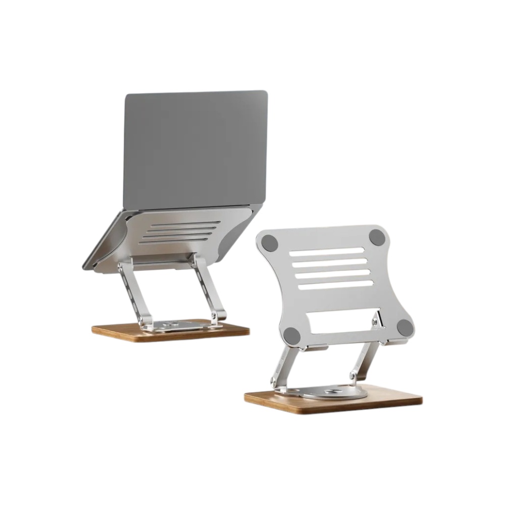 حامل لابتوب معدني بقاعدة خشبية سميكة قابل للدوران بزاوية 360 درجة بارتفاع قابل للتعديل موديل LS-928 - فضي