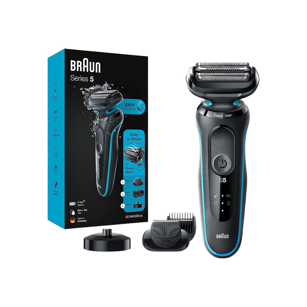 ماكينة حلاقة كهربائية براون Series 5 مع قاعدة شحن وملحق تهذيب اللحية للرجال موديل 50-M4500cs - منيت