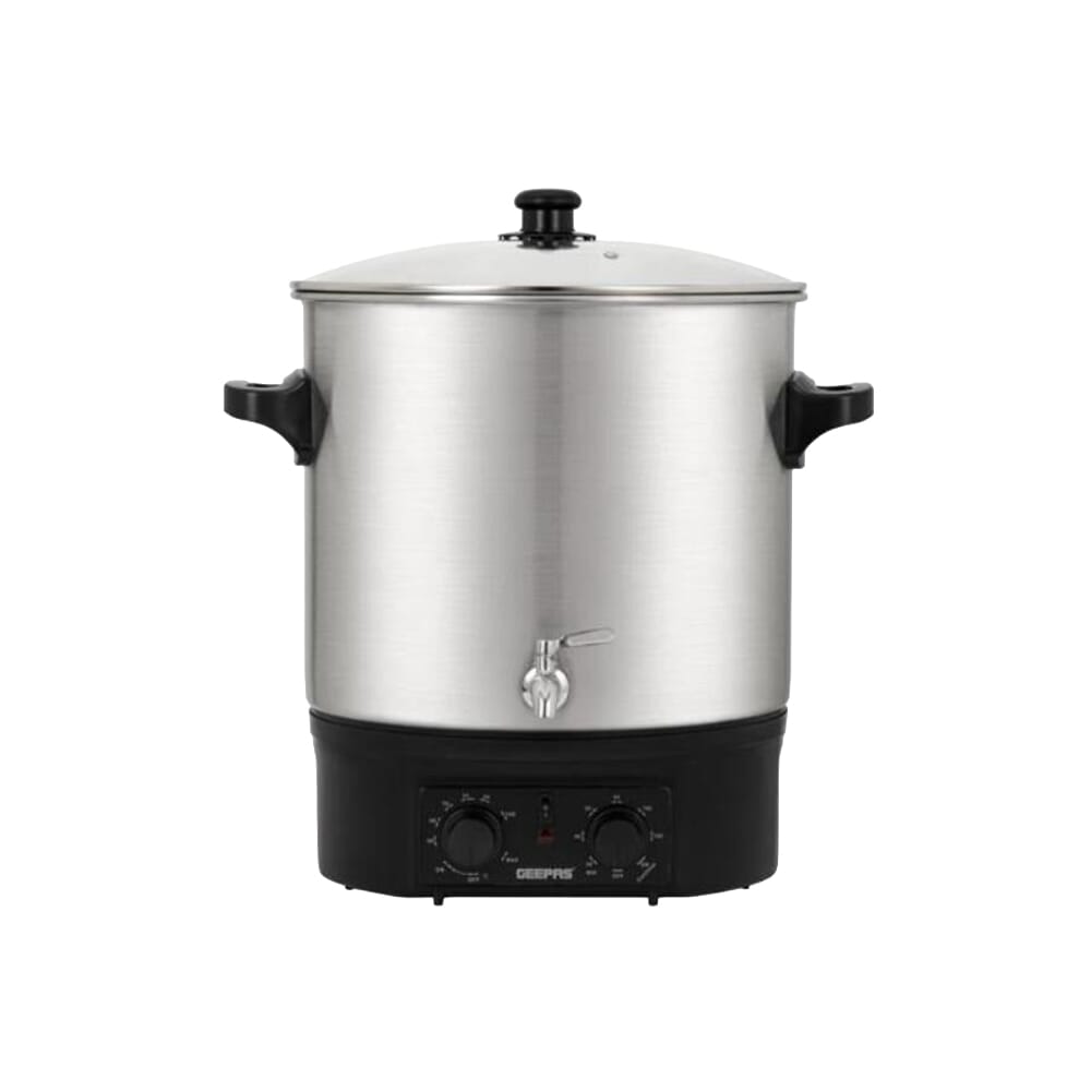 غلاية ماء كهربائية 27 لتر من جيباس، فولاذ مقاوم للصدأ، مؤقت وتحكم في درجة الحرارة، أسود/فضي 27 لتر 2000 واط GK38077 أسود/فضي