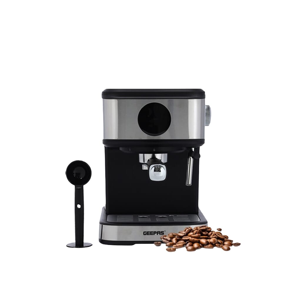 آلة كابتشينو رقمية من جيباس بضغط 20 بار/ فلتر مزدوج من الفولاذ المقاوم للصدأ لـ 2 كوب/ لوحة تحكم باللمس 1.5 لتر 850 واط اسود