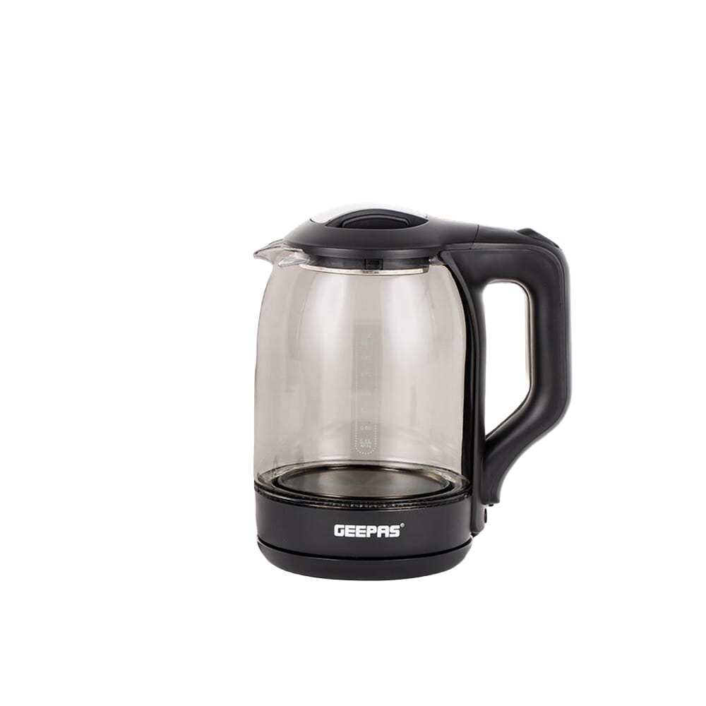 غلاية كهربائية زجاجية 1.8 لتر من جيباس، حماية ضد الجفاف وإيقاف تلقائي، مثالية لغلي الماء والحليب والشاي، 1500 واط مقبض بتقنية اللمس البارد