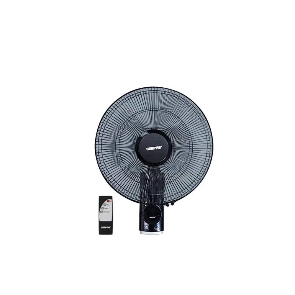 مروحة جدارية بعرض 16 إنش من جيباس، بريموت كنترول، 3 سرعات، شفرات من البلاستيك، تايمر 12 ساعة، دوران واسع وحماية من الحرارة، شبكة معدنية، 60 واط