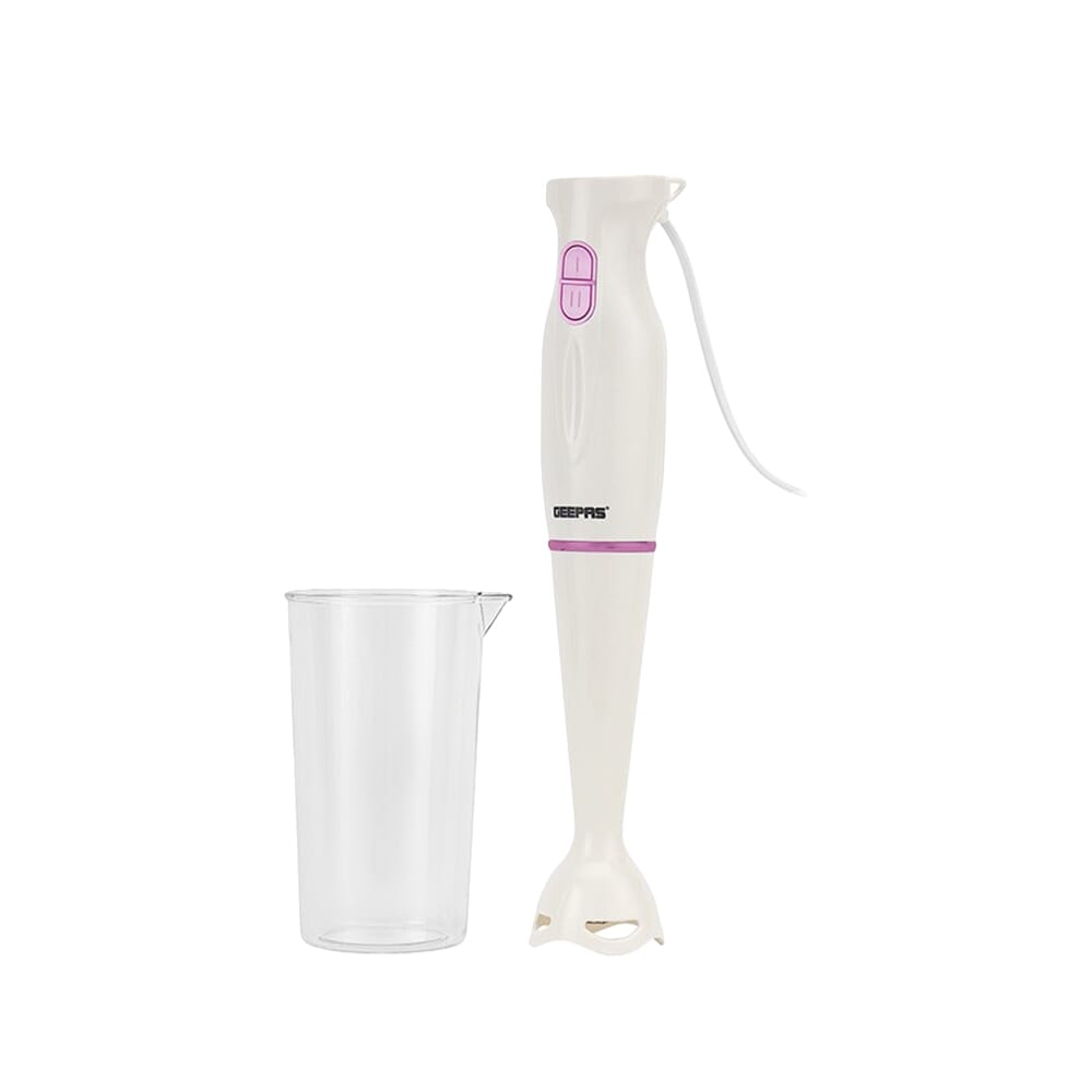 خلاط يدوي قوي من جيباس مع شفرة من الفولاذ المقاوم للصدأ، عصا قابلة للفصل وحارس أبيض ضد الرذاذ، أبيض/وردي